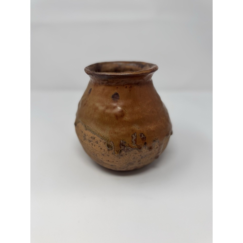 Vintage handmade pottery vase small rare signed brown drip glaze‎ MCM Studio